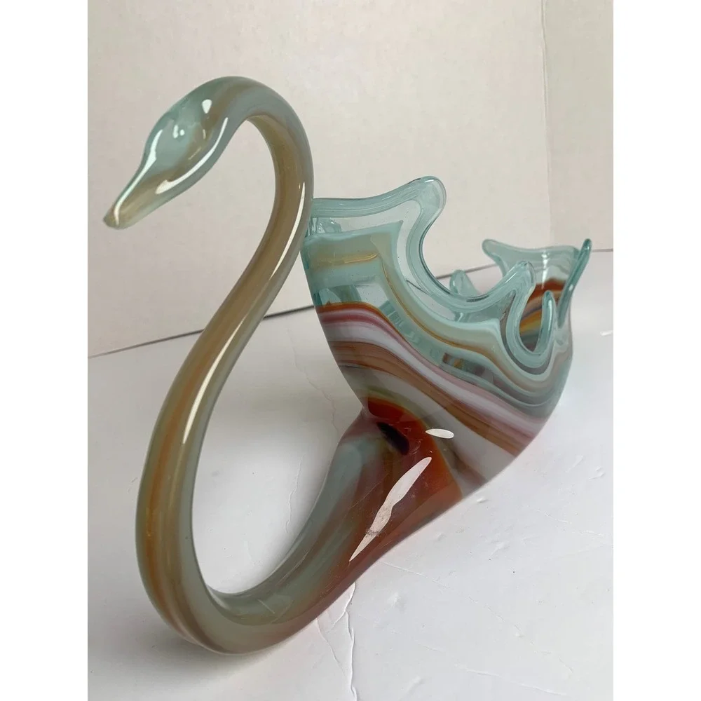 Vintage Hand Blown Art Glass‎ Swan Bowl Multi Color Slag Glass Centerpiece 13